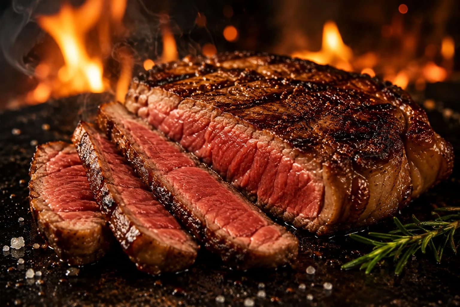 Carne grelhada e fatiada com fogo ao fundo
